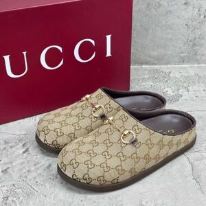 Gucci Beige and Brown Monogram Mules